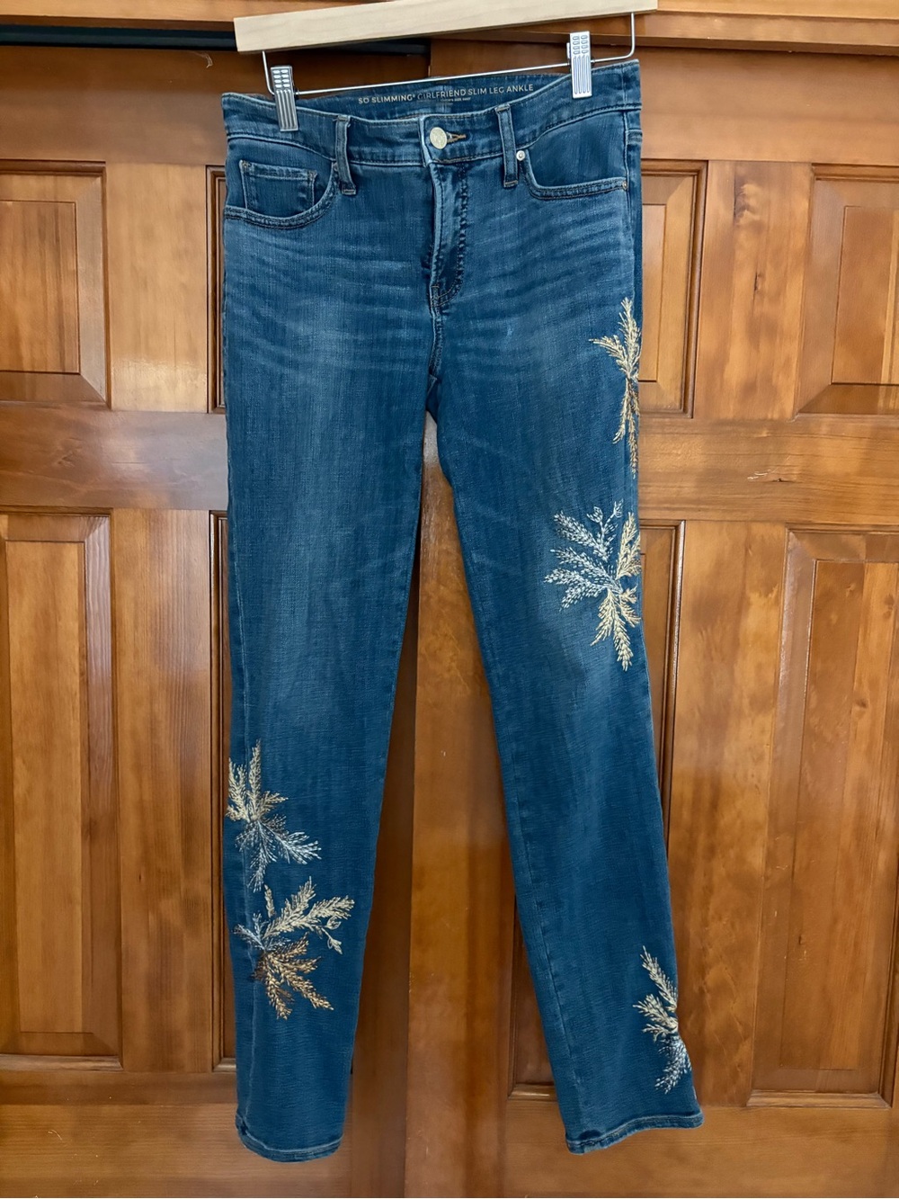 Chicos So Slimming Embroidered Girlfriend Ankle Jeans Blue Gold Silver Size 0T